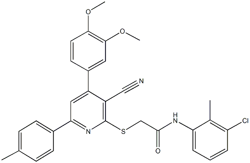 N-(3-chloro-2-methylphenyl)-2-{[3-cyano-4-(3,4-dimethoxyphenyl)-6-(4-methylphenyl)-2-pyridinyl]sulfanyl}acetamide Struktur