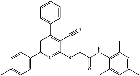 2-{[3-cyano-6-(4-methylphenyl)-4-phenyl-2-pyridinyl]sulfanyl}-N-mesitylacetamide Struktur