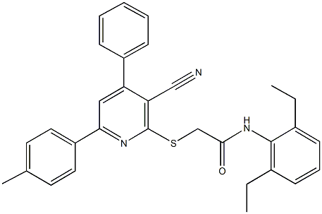 2-{[3-cyano-6-(4-methylphenyl)-4-phenyl-2-pyridinyl]sulfanyl}-N-(2,6-diethylphenyl)acetamide Struktur