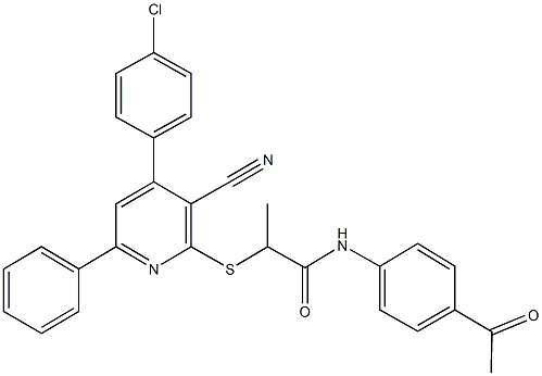 N-(4-acetylphenyl)-2-{[4-(4-chlorophenyl)-3-cyano-6-phenyl-2-pyridinyl]sulfanyl}propanamide Struktur