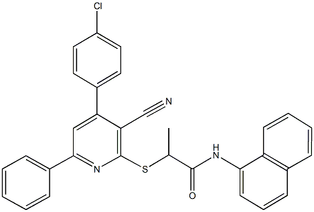 2-{[4-(4-chlorophenyl)-3-cyano-6-phenyl-2-pyridinyl]sulfanyl}-N-(1-naphthyl)propanamide Struktur