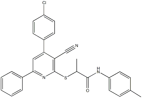 2-{[4-(4-chlorophenyl)-3-cyano-6-phenyl-2-pyridinyl]sulfanyl}-N-(4-methylphenyl)propanamide Struktur