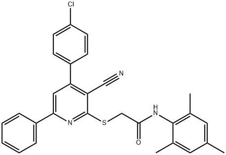 2-{[4-(4-chlorophenyl)-3-cyano-6-phenyl-2-pyridinyl]sulfanyl}-N-mesitylacetamide Struktur