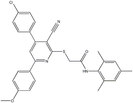 2-{[4-(4-chlorophenyl)-3-cyano-6-(4-methoxyphenyl)-2-pyridinyl]sulfanyl}-N-mesitylacetamide Struktur