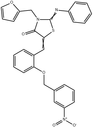 3-(2-furylmethyl)-5-[2-({3-nitrobenzyl}oxy)benzylidene]-2-(phenylimino)-1,3-thiazolidin-4-one Struktur