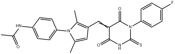 N-(4-{3-[(1-(4-fluorophenyl)-4,6-dioxo-2-thioxotetrahydro-5(2H)-pyrimidinylidene)methyl]-2,5-dimethyl-1H-pyrrol-1-yl}phenyl)acetamide Struktur