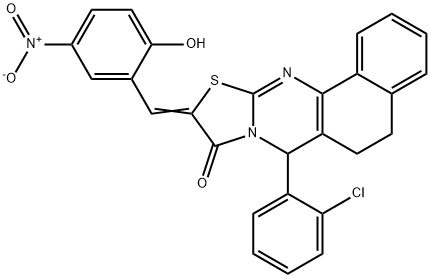 7-(2-chlorophenyl)-10-{2-hydroxy-5-nitrobenzylidene}-5,7-dihydro-6H-benzo[h][1,3]thiazolo[2,3-b]quinazolin-9(10H)-one Struktur