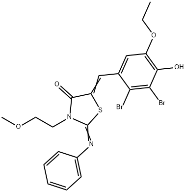 5-(2,3-dibromo-5-ethoxy-4-hydroxybenzylidene)-3-(2-methoxyethyl)-2-(phenylimino)-1,3-thiazolidin-4-one Struktur