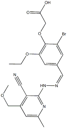 (2-bromo-4-{2-[3-cyano-4-(methoxymethyl)-6-methyl-2-pyridinyl]carbohydrazonoyl}-6-ethoxyphenoxy)acetic acid Struktur