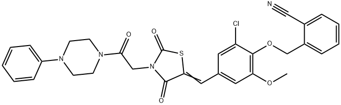 2-{[2-chloro-4-({2,4-dioxo-3-[2-oxo-2-(4-phenylpiperazin-1-yl)ethyl]-1,3-thiazolidin-5-ylidene}methyl)-6-methoxyphenoxy]methyl}benzonitrile Struktur