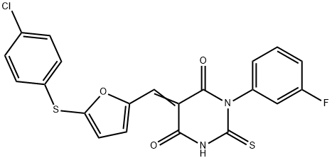 5-({5-[(4-chlorophenyl)sulfanyl]-2-furyl}methylene)-1-(3-fluorophenyl)-2-thioxodihydropyrimidine-4,6(1H,5H)-dione Struktur