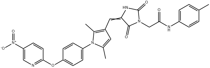 2-[4-({1-[4-({5-nitro-2-pyridinyl}oxy)phenyl]-2,5-dimethyl-1H-pyrrol-3-yl}methylene)-2,5-dioxo-1-imidazolidinyl]-N-(4-methylphenyl)acetamide Struktur