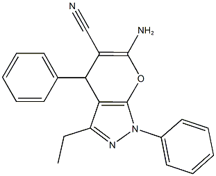 6-amino-3-ethyl-1,4-diphenyl-1,4-dihydropyrano[2,3-c]pyrazole-5-carbonitrile Struktur