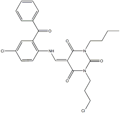 5-[(2-benzoyl-4-chloroanilino)methylene]-1-butyl-3-(3-chloropropyl)-2,4,6(1H,3H,5H)-pyrimidinetrione Struktur