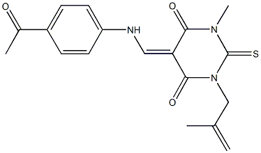 5-[(4-acetylanilino)methylene]-1-methyl-3-(2-methyl-2-propenyl)-2-thioxodihydro-4,6(1H,5H)-pyrimidinedione Struktur