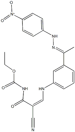 ethyl 2-cyano-3-[3-(N-{4-nitrophenyl}ethanehydrazonoyl)anilino]acryloylcarbamate Struktur