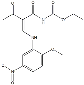 ethyl 2-acetyl-3-{5-nitro-2-methoxyanilino}acryloylcarbamate Struktur