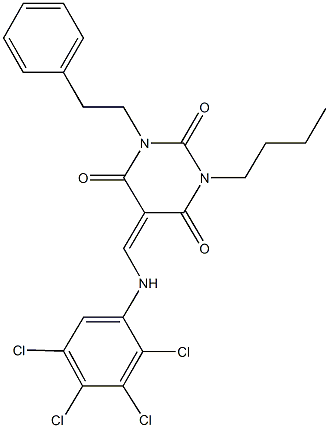 1-butyl-3-(2-phenylethyl)-5-[(2,3,4,5-tetrachloroanilino)methylene]-2,4,6(1H,3H,5H)-pyrimidinetrione Struktur