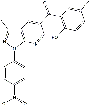 (2-hydroxy-5-methylphenyl)(1-{4-nitrophenyl}-3-methyl-1H-pyrazolo[3,4-b]pyridin-5-yl)methanone Struktur