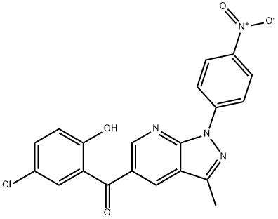 (5-chloro-2-hydroxyphenyl)(1-{4-nitrophenyl}-3-methyl-1H-pyrazolo[3,4-b]pyridin-5-yl)methanone Struktur