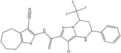 3-chloro-N-(3-cyano-5,6,7,8-tetrahydro-4H-cyclohepta[b]thien-2-yl)-5-phenyl-7-(trifluoromethyl)-4,5,6,7-tetrahydropyrazolo[1,5-a]pyrimidine-2-carboxamide Struktur