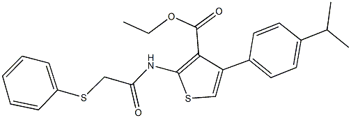 ethyl 4-(4-isopropylphenyl)-2-{[(phenylsulfanyl)acetyl]amino}-3-thiophenecarboxylate Struktur