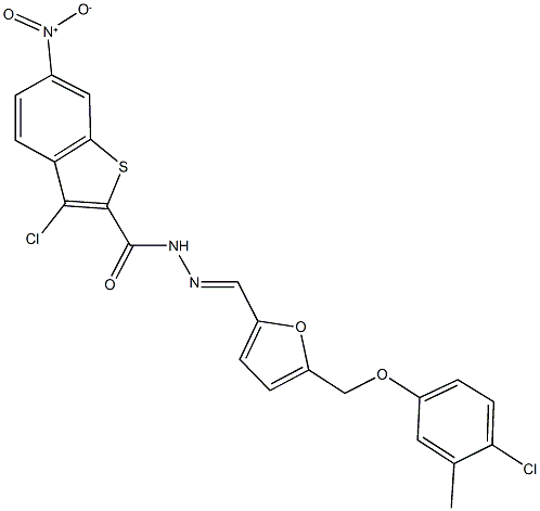 3-chloro-N'-({5-[(4-chloro-3-methylphenoxy)methyl]-2-furyl}methylene)-6-nitro-1-benzothiophene-2-carbohydrazide Struktur