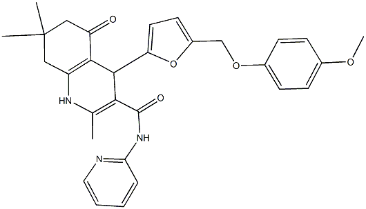 4-{5-[(4-methoxyphenoxy)methyl]-2-furyl}-2,7,7-trimethyl-5-oxo-N-(2-pyridinyl)-1,4,5,6,7,8-hexahydro-3-quinolinecarboxamide Struktur