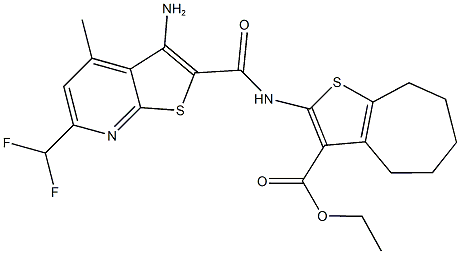 ethyl 2-({[3-amino-6-(difluoromethyl)-4-methylthieno[2,3-b]pyridin-2-yl]carbonyl}amino)-5,6,7,8-tetrahydro-4H-cyclohepta[b]thiophene-3-carboxylate Struktur