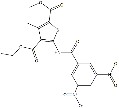 4-ethyl 2-methyl 5-({3,5-dinitrobenzoyl}amino)-3-methyl-2,4-thiophenedicarboxylate Struktur