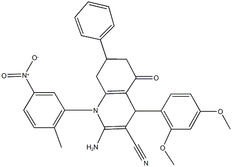 2-amino-4-(2,4-dimethoxyphenyl)-1-{5-nitro-2-methylphenyl}-5-oxo-7-phenyl-1,4,5,6,7,8-hexahydroquinoline-3-carbonitrile Struktur