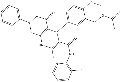 2-methoxy-5-(2-methyl-3-{[(3-methylpyridin-2-yl)amino]carbonyl}-5-oxo-7-phenyl-1,4,5,6,7,8-hexahydroquinolin-4-yl)benzyl acetate Struktur