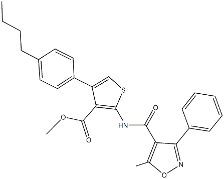 methyl 4-(4-butylphenyl)-2-{[(5-methyl-3-phenyl-4-isoxazolyl)carbonyl]amino}-3-thiophenecarboxylate Struktur