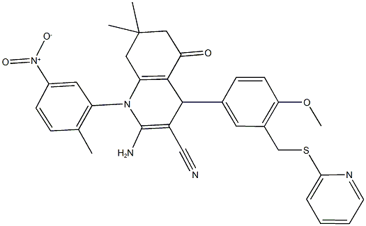 2-amino-1-{5-nitro-2-methylphenyl}-4-{4-methoxy-3-[(pyridin-2-ylsulfanyl)methyl]phenyl}-7,7-dimethyl-5-oxo-1,4,5,6,7,8-hexahydroquinoline-3-carbonitrile Struktur