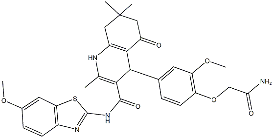 4-[4-(2-amino-2-oxoethoxy)-3-methoxyphenyl]-N-(6-methoxy-1,3-benzothiazol-2-yl)-2,7,7-trimethyl-5-oxo-1,4,5,6,7,8-hexahydro-3-quinolinecarboxamide Struktur