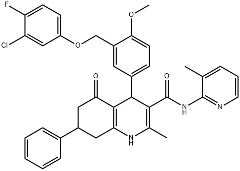 4-{3-[(3-chloro-4-fluorophenoxy)methyl]-4-methoxyphenyl}-2-methyl-N-(3-methylpyridin-2-yl)-5-oxo-7-phenyl-1,4,5,6,7,8-hexahydroquinoline-3-carboxamide Struktur