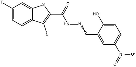 3-chloro-6-fluoro-N'-{2-hydroxy-5-nitrobenzylidene}-1-benzothiophene-2-carbohydrazide Struktur