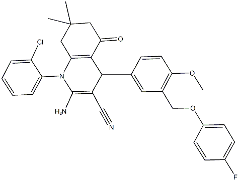 2-amino-1-(2-chlorophenyl)-4-{3-[(4-fluorophenoxy)methyl]-4-methoxyphenyl}-7,7-dimethyl-5-oxo-1,4,5,6,7,8-hexahydro-3-quinolinecarbonitrile Struktur