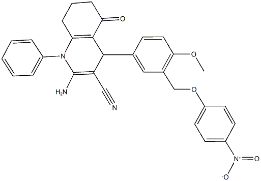 2-amino-4-[3-({4-nitrophenoxy}methyl)-4-methoxyphenyl]-5-oxo-1-phenyl-1,4,5,6,7,8-hexahydroquinoline-3-carbonitrile Struktur