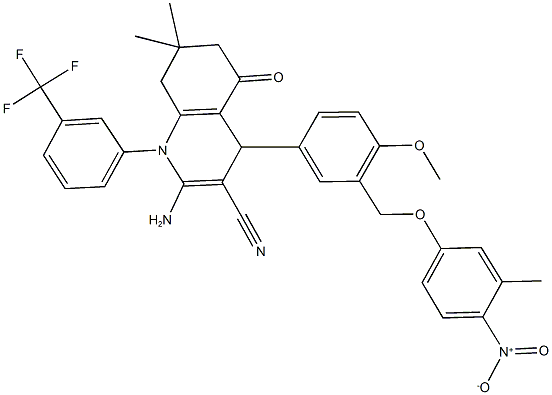 2-amino-4-[3-({4-nitro-3-methylphenoxy}methyl)-4-methoxyphenyl]-7,7-dimethyl-5-oxo-1-[3-(trifluoromethyl)phenyl]-1,4,5,6,7,8-hexahydroquinoline-3-carbonitrile Struktur