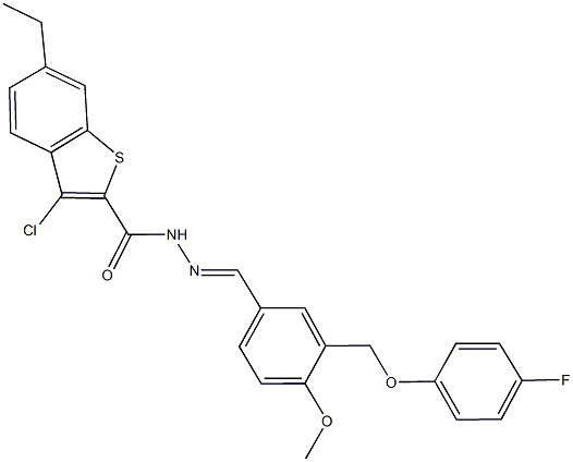 3-chloro-6-ethyl-N'-{3-[(4-fluorophenoxy)methyl]-4-methoxybenzylidene}-1-benzothiophene-2-carbohydrazide Struktur