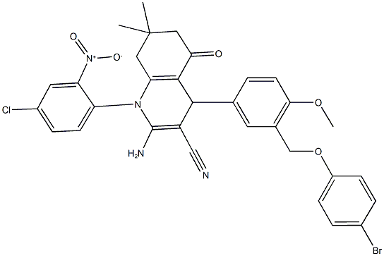 2-amino-4-{3-[(4-bromophenoxy)methyl]-4-methoxyphenyl}-1-{4-chloro-2-nitrophenyl}-7,7-dimethyl-5-oxo-1,4,5,6,7,8-hexahydro-3-quinolinecarbonitrile Struktur