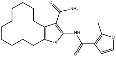 N-[3-(aminocarbonyl)-4,5,6,7,8,9,10,11,12,13-decahydrocyclododeca[b]thien-2-yl]-2-methyl-3-furamide Struktur