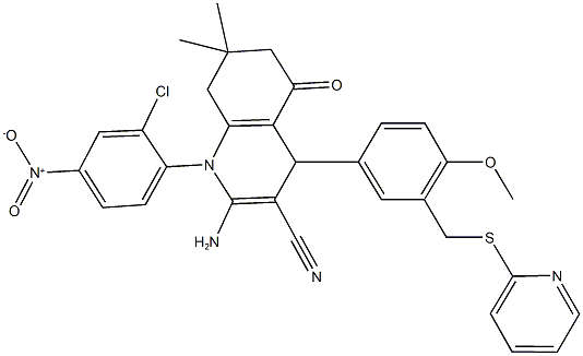 2-amino-1-{2-chloro-4-nitrophenyl}-4-{4-methoxy-3-[(pyridin-2-ylsulfanyl)methyl]phenyl}-7,7-dimethyl-5-oxo-1,4,5,6,7,8-hexahydroquinoline-3-carbonitrile Struktur