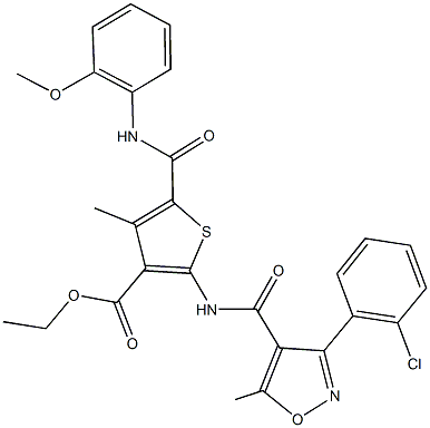 ethyl 2-({[3-(2-chlorophenyl)-5-methyl-4-isoxazolyl]carbonyl}amino)-5-[(2-methoxyanilino)carbonyl]-4-methyl-3-thiophenecarboxylate Struktur