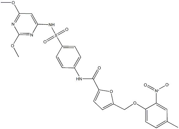 N-(4-{[(2,6-dimethoxy-4-pyrimidinyl)amino]sulfonyl}phenyl)-5-({2-nitro-4-methylphenoxy}methyl)-2-furamide Struktur