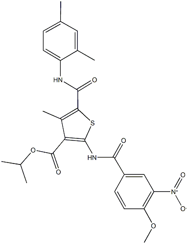 isopropyl 5-[(2,4-dimethylanilino)carbonyl]-2-({3-nitro-4-methoxybenzoyl}amino)-4-methyl-3-thiophenecarboxylate Struktur