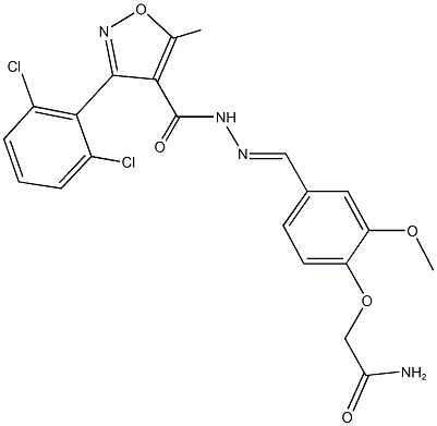 2-[4-(2-{[3-(2,6-dichlorophenyl)-5-methyl-4-isoxazolyl]carbonyl}carbohydrazonoyl)-2-methoxyphenoxy]acetamide Struktur