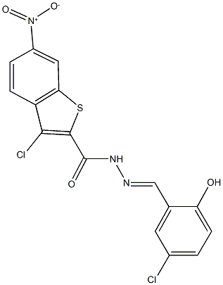 3-chloro-N'-(5-chloro-2-hydroxybenzylidene)-6-nitro-1-benzothiophene-2-carbohydrazide Struktur