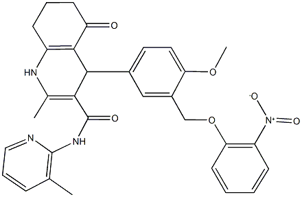 4-[3-({2-nitrophenoxy}methyl)-4-methoxyphenyl]-2-methyl-N-(3-methylpyridin-2-yl)-5-oxo-1,4,5,6,7,8-hexahydroquinoline-3-carboxamide Struktur